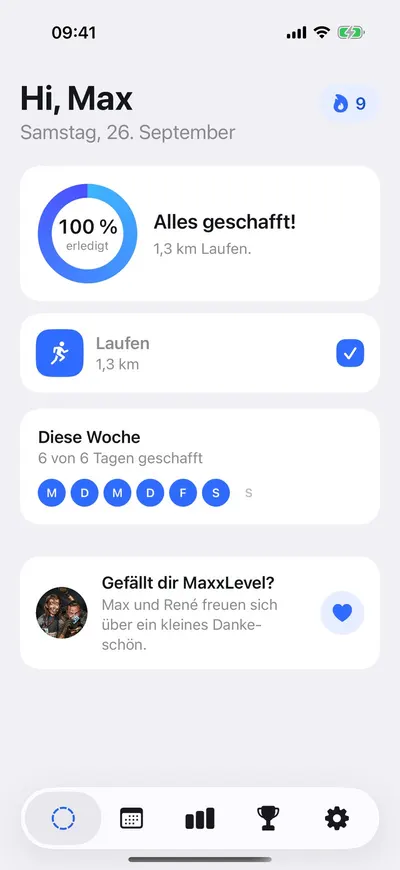 MaxxLevel App — Startbildschirm in Blau als alternatives Farbschema