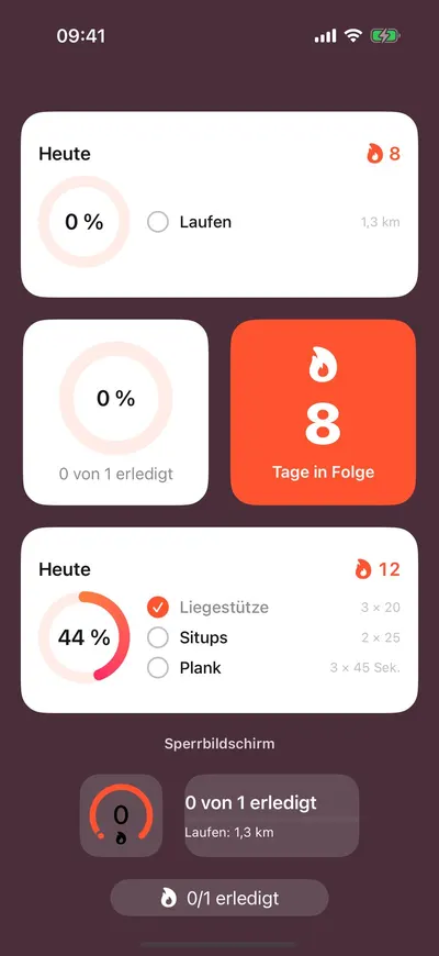 MaxxLevel App — Home-Bildschirm-Widgets mit Tagesfortschritt und Serie
