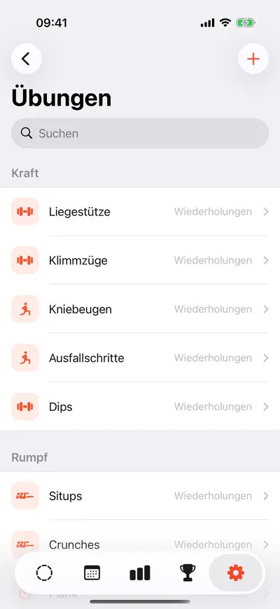 MaxxLevel App — Übungsbibliothek mit Kategorien Kraft und Rumpf