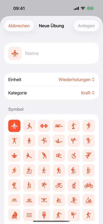 MaxxLevel App — Neue Übung anlegen mit Einheit, Kategorie und Symbolauswahl