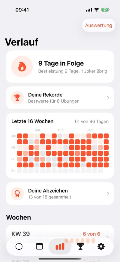 MaxxLevel App — Verlauf mit 9 Tagen Serie, Rekorden und Kalender der letzten 16 Wochen