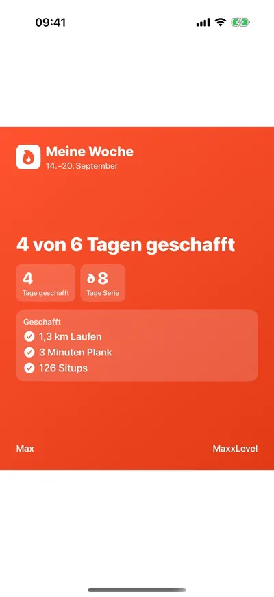 MaxxLevel App — Teilbare Grafik „Meine Woche“: 4 von 6 Tagen geschafft
