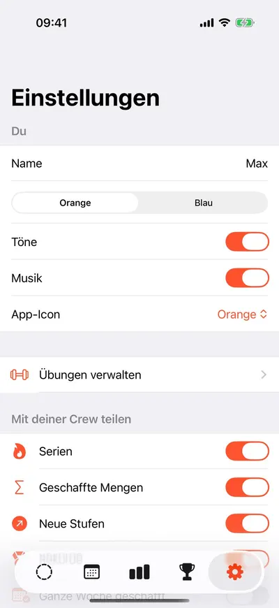 MaxxLevel App — Einstellungen: Name, Töne, Musik, App-Icon und was mit der Crew geteilt wird