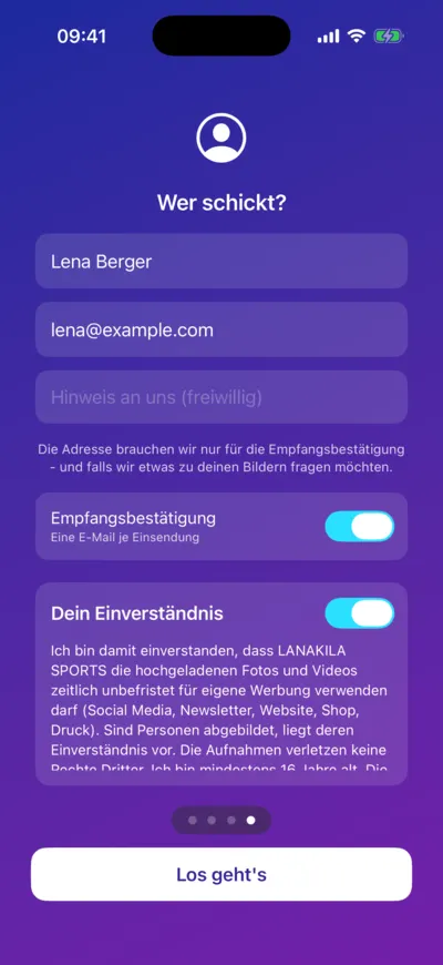 LANAKILA Media App — Abfrage „Wer schickt?“ mit Name, E-Mail und Einverständnis