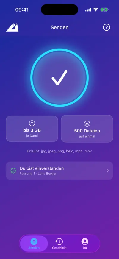 LANAKILA Media App — Upload abgeschlossen: großes Häkchen