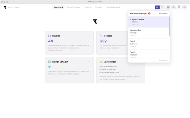 RENEKI KI-Bildgenerierung — Dashboard der Desktop-App mit geöffnetem Benachrichtigungs-Dropdown
