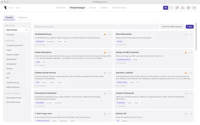 RENEKI KI-Bildgenerierung — Bibliothek der Prompt-Vorlagen mit Kategorien