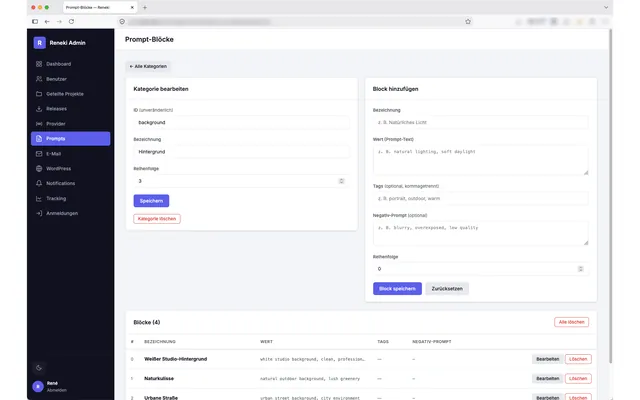 RENEKI KI-Bildgenerierung — Web-Administration: Kategorie und Prompt-Baustein bearbeiten