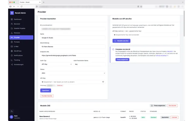 RENEKI KI-Bildgenerierung — Web-Administration: Provider bearbeiten und Modelle abrufen