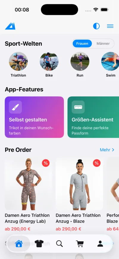 LANAKILA Shopping App — Sport-Welten (Triathlon, Bike, Run, Swim), App-Features und Pre-Order-Produkte