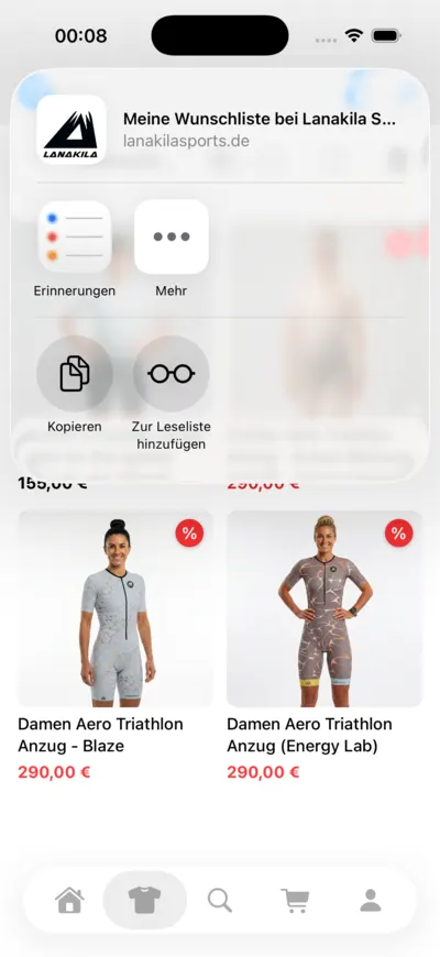 LANAKILA Shopping App — Teilen-Dialog der Wunschliste