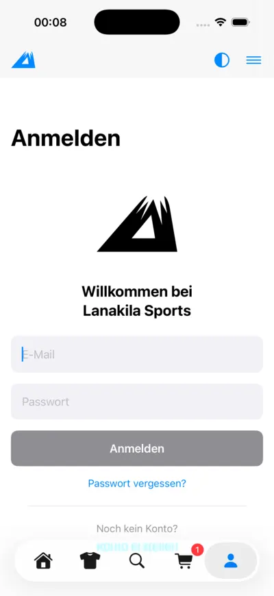 LANAKILA Shopping App — Anmelde-Bildschirm „Willkommen bei Lanakila Sports“