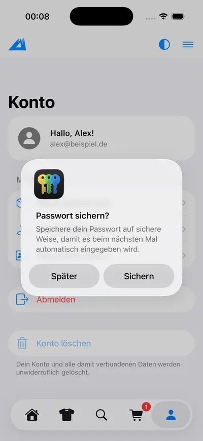 LANAKILA Shopping App — Konto-Bereich mit Abfrage, ob das Passwort gesichert werden soll