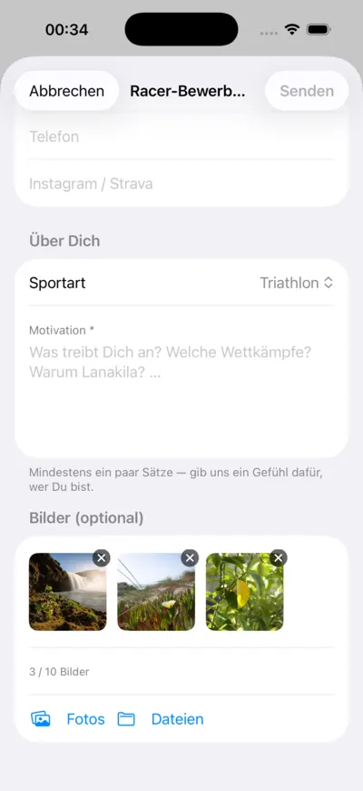 LANAKILA Shopping App — Bewerbungsformular für die Racer mit Motivation und optionalen Bildern