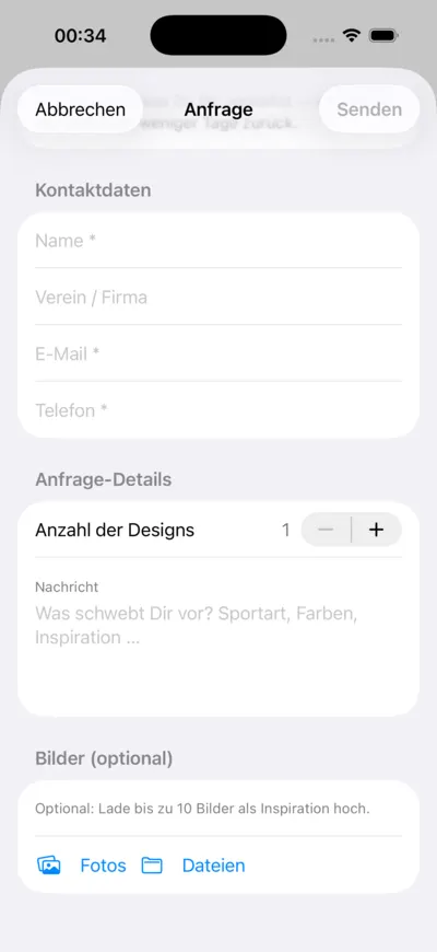 LANAKILA Shopping App — Anfrageformular für Custom Designs mit Kontaktdaten und Nachricht