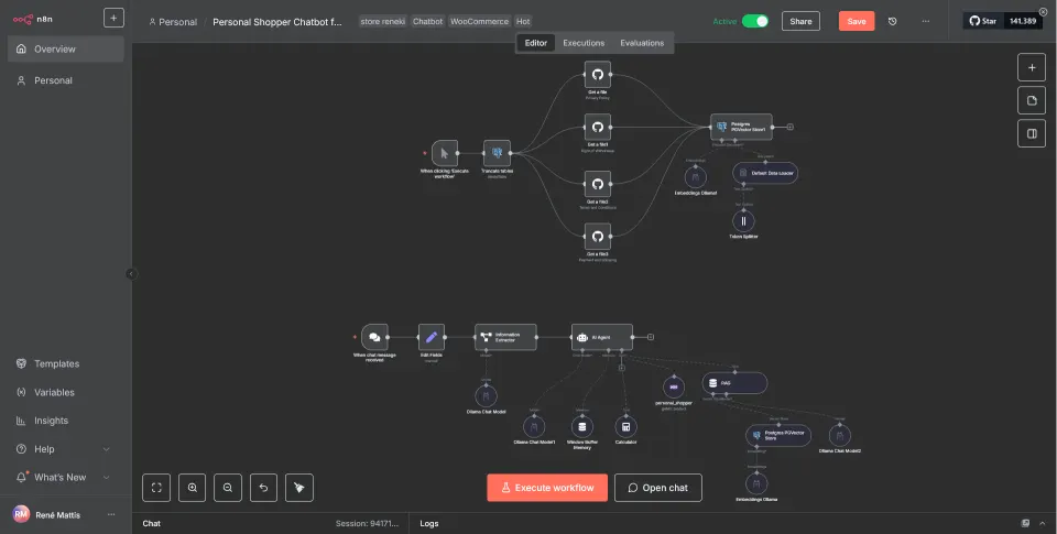 Selbst gehosteter KI-Shopberater mit n8n und WooCommerce — Gesamtansicht in n8n: Wissensbasis-Workflow oben, Chat-Workflow unten