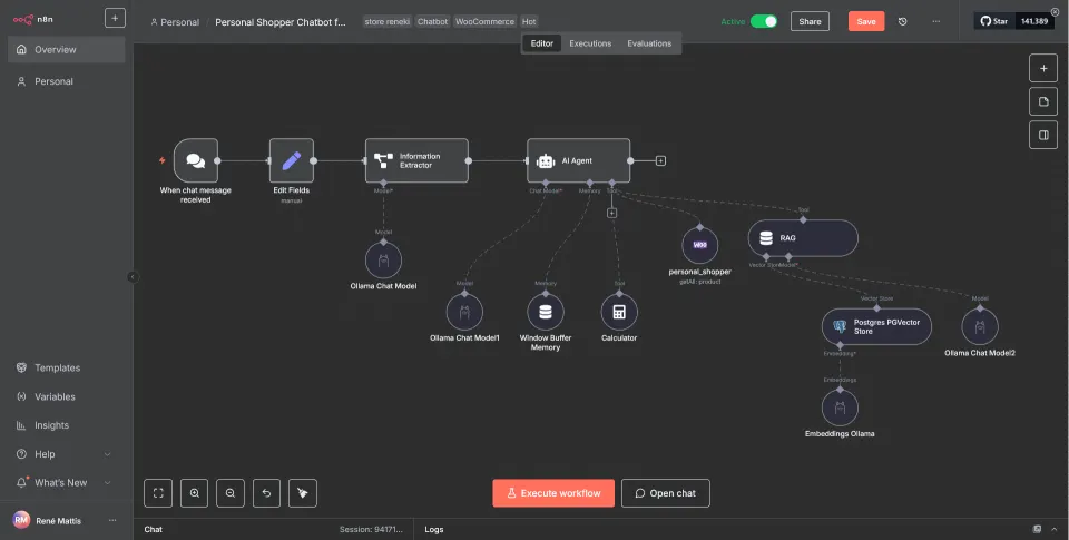 Selbst gehosteter KI-Shopberater mit n8n und WooCommerce — Chat-Workflow: Information Extractor, KI-Agent, Gedächtnis, WooCommerce-Abfrage und RAG