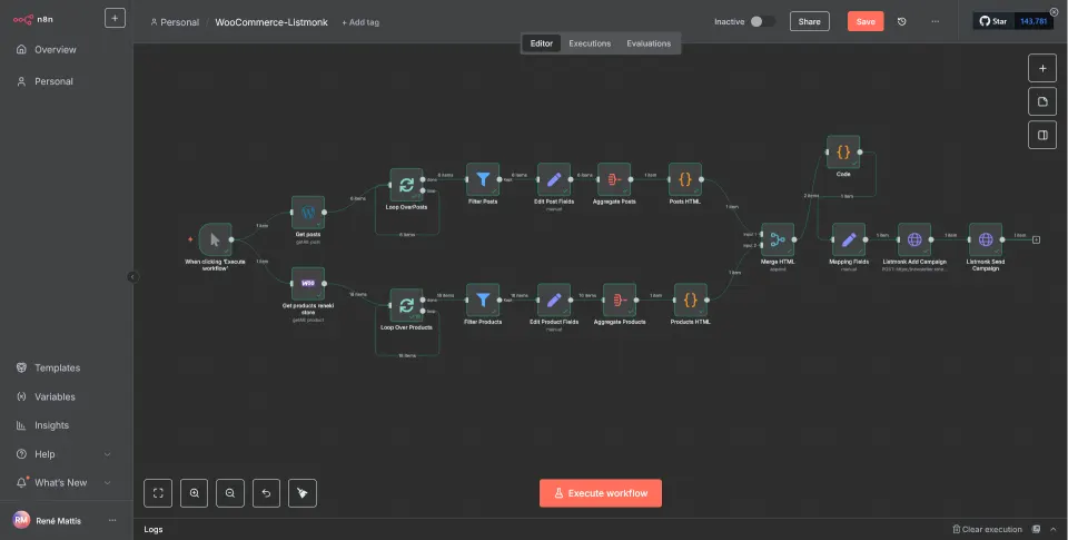 Automated newsletter from blog and shop – with n8n and Listmonk — The workflow in n8n: fetch posts and products, filter, merge, create the campaign