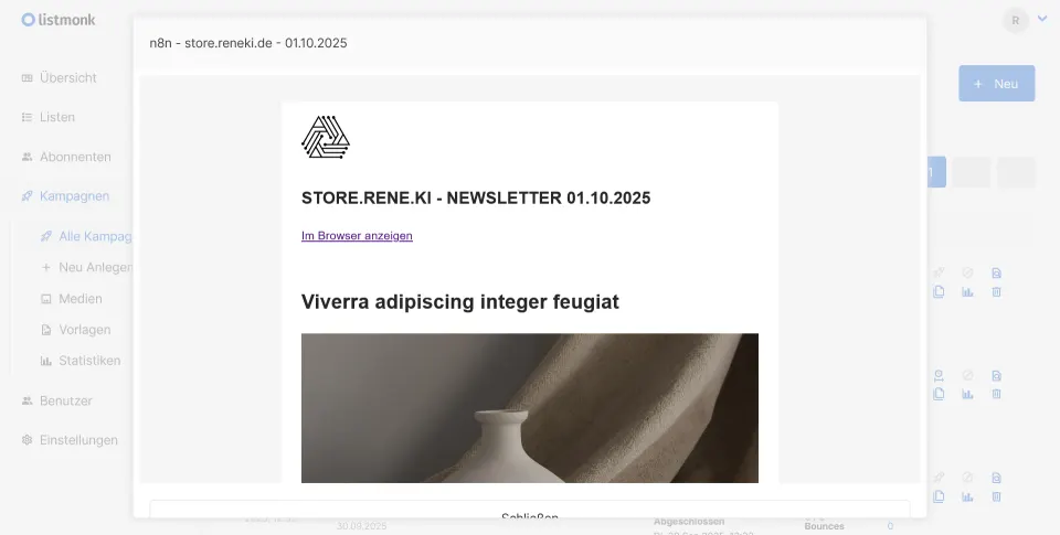 Automated newsletter from blog and shop – with n8n and Listmonk — Preview of a campaign in Listmonk