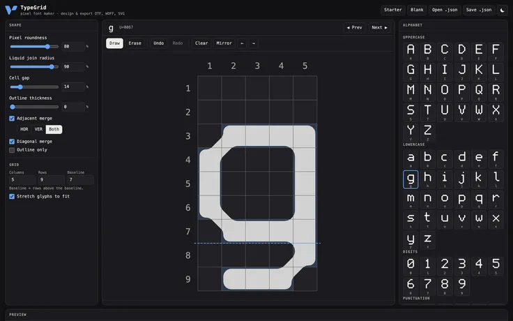 TypeGrid: eigene Pixel-Schriften gestalten, direkt im Browser. — Arbeitsfläche: Formregler links, Editor in der Mitte, Alphabet rechts