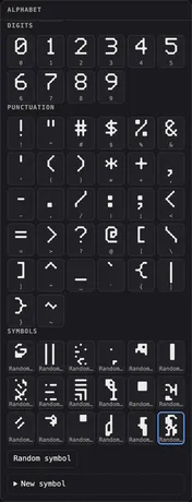 TypeGrid: eigene Pixel-Schriften gestalten, direkt im Browser. — Zufällig erzeugte Symbole: Punkte, Flächen, Linien und Pfade